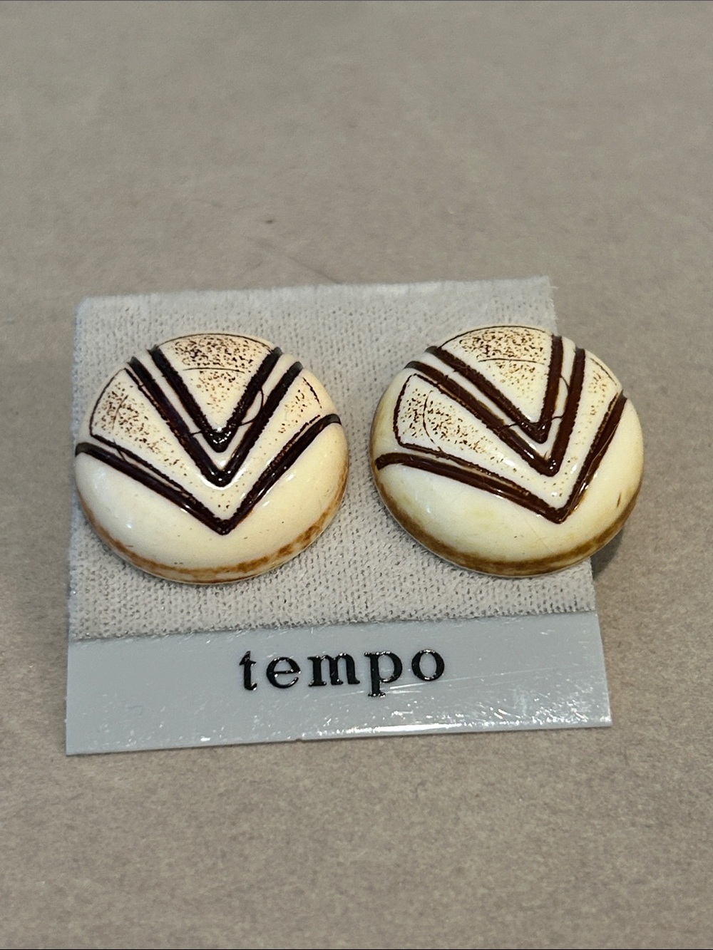 Tempo Cream and Brown Chevron Button Earrings